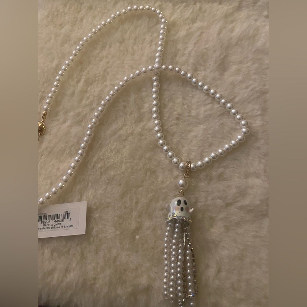Betsey Johnson Ghost Pearl Silver Fringe Long Pendant Necklace Glow in the Dark
